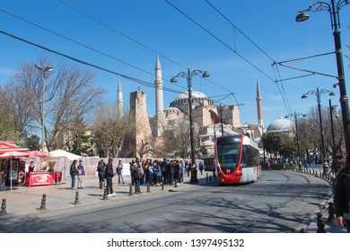 Turkey - Istanbul: March 2019. Life In Istanbul. Modern Tram At Street. 