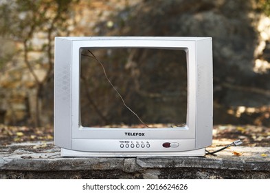 Turkey, Kemer 07.04.2021:An Old Silver TV Set Without A Screen Stands In The Woods. Vintage TVs 1980s 1990s 2000s. 