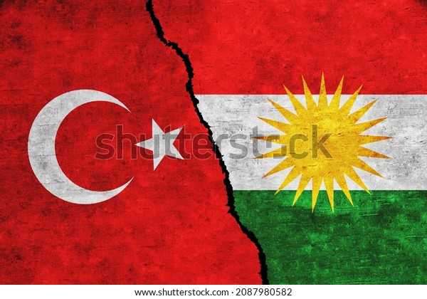 Turkey and Kurdistan painted flags on a wall\
with a crack. Turkey and Kurdistan conflict. Turkey and Kurdistan\
war. Turkey vs Kurdistan