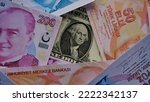 Turkey lira, Turkiye currency, Turkish Lira background against American dollar, lira vs Dollar, lira against dollar. Recession, inflation, economic and financial concept