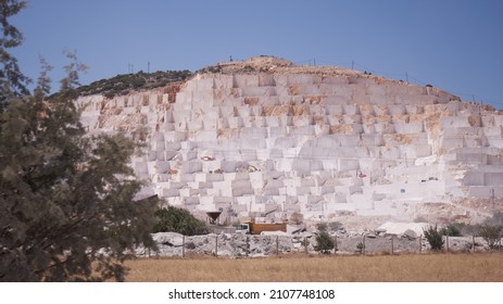 Turkey, marble cutting factory.Big white cutting marble blocks Marble quarry site in Turkey.Diamond wire saw for marble quarry.                   