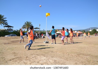 DİDİM, TURKEY - MAY 09, 2018: Friends playing korfball at the beach