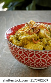 Turkey Meat In Coriander Chutney With Fried Onion. Indian Cuisine Dish.