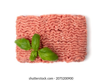 Turkey Mince Meat Isolated. Ground Fresh Fillet, Uncooked Turkey Mincemeat, Raw Forcemeat, Farce Meat Portion With Greens On White Background Top View