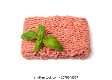 Turkey Mince Meat Isolated. Ground Fresh Fillet, Uncooked Turkey Mincemeat, Raw Forcemeat, Farce Meat Portion With Greens On White Background