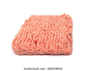 Turkey Mince Meat Isolated. Ground Fresh Fillet, Uncooked Turkey Mincemeat, Raw Forcemeat, Farce Meat Portion On White Background