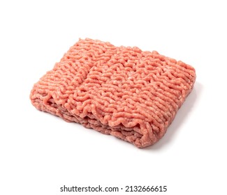 Turkey Mince Meat Isolated. Ground Fresh Fillet, Uncooked Turkey Mincemeat, Raw Forcemeat, Farce Meat Portion On White Background