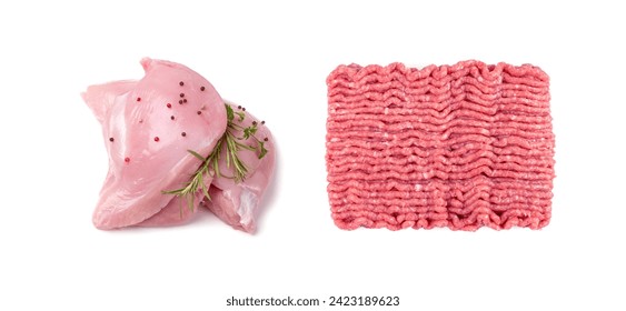 Turkey mince meat isolated. Ground fresh fillet, uncooked turkey mincemeat, raw forcemeat, farce minced meat portion on white background top view - Powered by Shutterstock