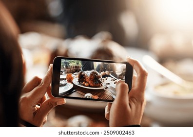 Turkey, mobile or hands taking picture at restaurant for food photography, social media or status update. Screen closeup, influencer or woman at cafeteria for blog, meal post or chicken review online - Powered by Shutterstock