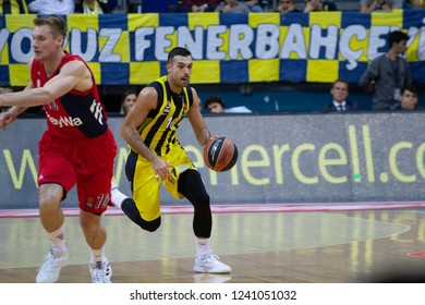 İstanbul / Turkey, November 1, 2018: Kostas Sloukas And Leon Radosevic In Action During EuroLeague 2018-19 Round 5 Game Fenerbahce Vs FC Bayern Munich, Ulker Sports And Event Hall.