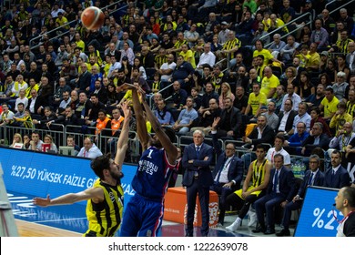 İstanbul / Turkey, November 5, 2018: Rodrigue Beaubois Shoots Over Nikola Kalinic During Turkish Basketball Super League 2018-19 Round 4 Basketball Game Anadolu Efes Vs Fenerbahce Istanbul.