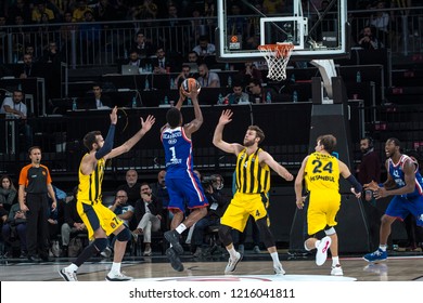 İstanbul / Turkey, October 25, 2018: Rodrigue Beaubois Shooting On Nicolo Melli EuroLeague 2018-19 Week 4 Basketball Game Anadolu Efes Vs Fenerbahce Istanbul, Sinan Erdem Dome.