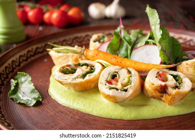 Turkey Roll With Spinach, Broccoli Puree And Radish Salad, Restaurant Dish