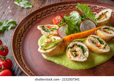 Turkey Roll With Spinach, Broccoli Puree And Radish Salad, Restaurant Dish