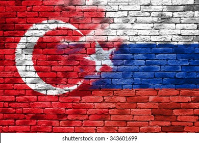 Turkey And Russia Flag On Retro Brick Wall Background