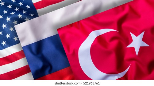 Turkey Russia And USA Flags.