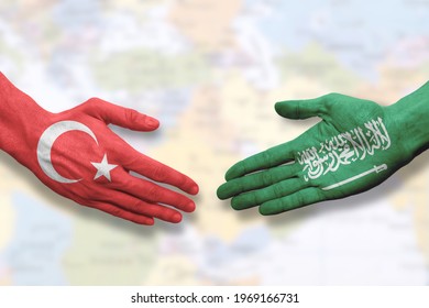 Turkey And Saudi Arabia - Flag Handshake Symbolizing Partnership And Cooperation