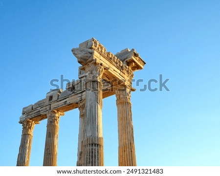 Turkey. Side. The temple of Apollo - five marble columns in Corinthian order and the architrave decorated with Medusa heads