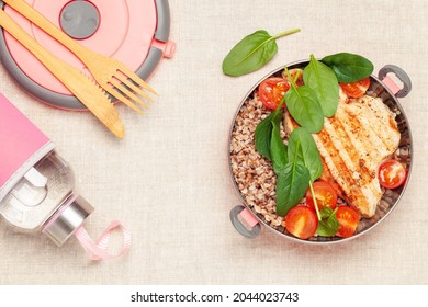 Turkey Steak Or Chicken With Buckwheat And Spinach Leaf Salad And Tomatoes.  Diet Food. Top View