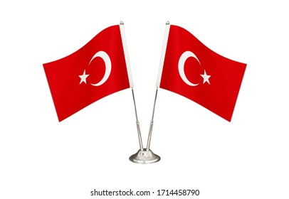 Turkey Table Flag Isolated On White Ground. Two Flag Poles With Flags And Turkey Flag On The Table.