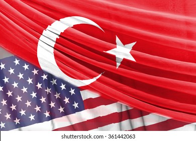 Turkey And USA Flag On Curtain Background