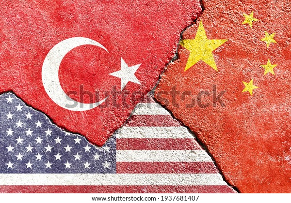 Turkey vs China vs USA national flags icon\
pattern on broken weathered cracked wall background, abstract\
international politics relationship friendship divided conflicts\
concept texture\
wallpaper