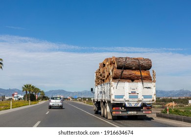 TURKEY-ANTALYA, 02.13.2021 : Heavy Tonnage Vehicles To Drive From The Right Lane In Accordance With Traffic Rules