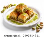 Turkish Baklava with Pistachio on white background isolated, close up  Turkish Dessert, Pistachio Baklava