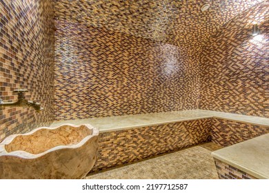 Turkish Bath - Hamam. Modern SPA Interior Design, Decorated With Beige-brown Mosaic Tiles.