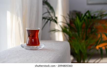 Turkish Black Tea, A Glass Of Turkish Black Tea In The Cozy Living Room.