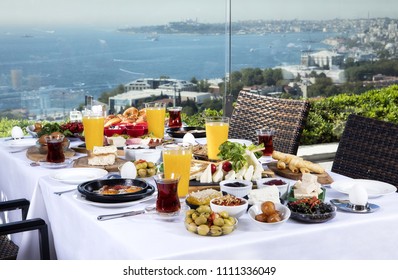 Turkish breakfast with Bosphorus view. Delicious traditional breakfast in Istanbul.