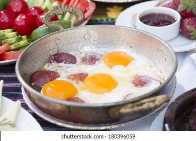 Turkish Breakfast With Sausage And Egg 