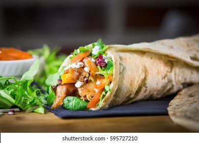 Turkish Chicken Kebab Wrap With Fresh Salad, Carrots, Tomato And Cheese