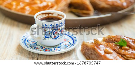 Turkish coffee and baklava on the table. Selective focus. nature.