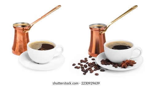 Turkish coffee pots (cezve) with hot coffee and beans on white background. Banner design