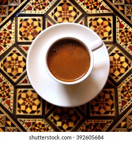 Turkish Coffee Top View On A Tradional Mosaic Tray.