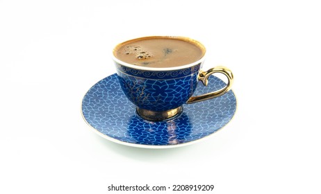 Turkish Coffee. Traditional Turkish Coffee With Foam In Antique Porcelain Cup. High Angle Profile View