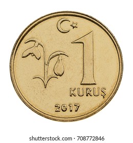 Turkish Coin Currency One Kurus Made Of 2,20 Gram Copper Zinc Alloy (brass) Isolated On White Background.    