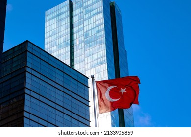 Turkish construction industry background photo. Turkish flag and skyscrapers on the background.