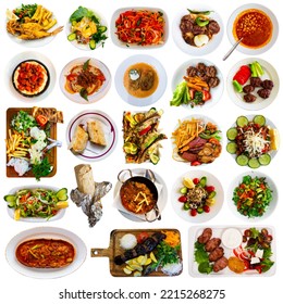 Turkish Cuisine. Set Of Dishes Of Restaurant Menu Isolated On White Background