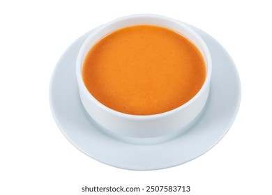 Turkish cuisine Tomato Soup. Tomato soup in white ceramic bowl, healthy homemade traditional soup. Turkish name; Domates Corbasi. Isolated on white background. - Powered by Shutterstock