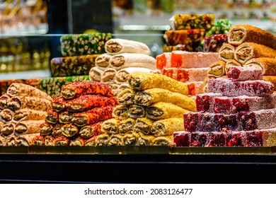 Turkish delight and different sweets for sale at bazaar in Turkey