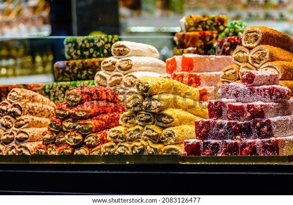 Turkish delight and different sweets for sale at\
bazaar in Turkey