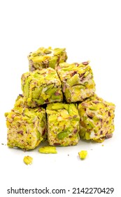 Turkish Delight with Grated Pistachio. Turkish delight with pistachio isolated on a white background. close up