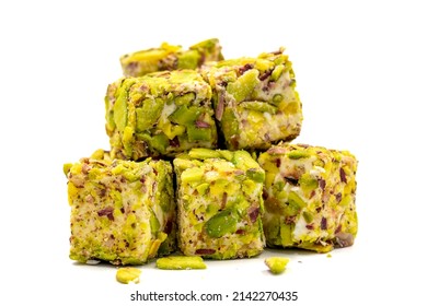 Turkish Delight with Grated Pistachio. Turkish delight with pistachio isolated on a white background. close up