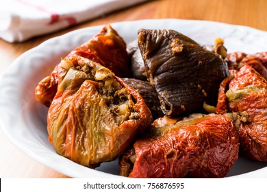 Turkish Dolma With Red Pepper And Aubergine Or Eggplant.