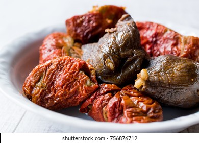 Turkish Dolma With Red Pepper And Aubergine Or Eggplant.