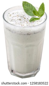 Turkish Drink Ayran Or Kefir With Fresh Herbs In A Glass. Buttermilk Made With Yogurt. Isolated White Background