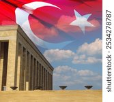 Turkish Flag with Anitkabir . 10 Kasim or 10 november memorial day of Ataturk square post history concept.