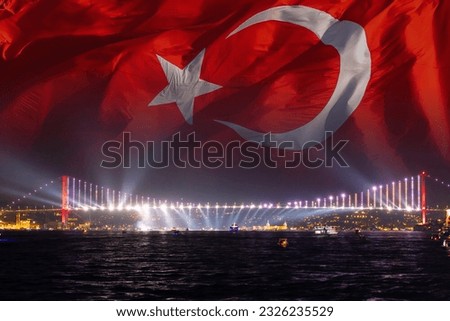 Turkish Flag and Bosphorus Bridge aka 15 temmuz sehitler koprusu. 15 temmuz or july 15th democracy day of Turkiye concept photo.
